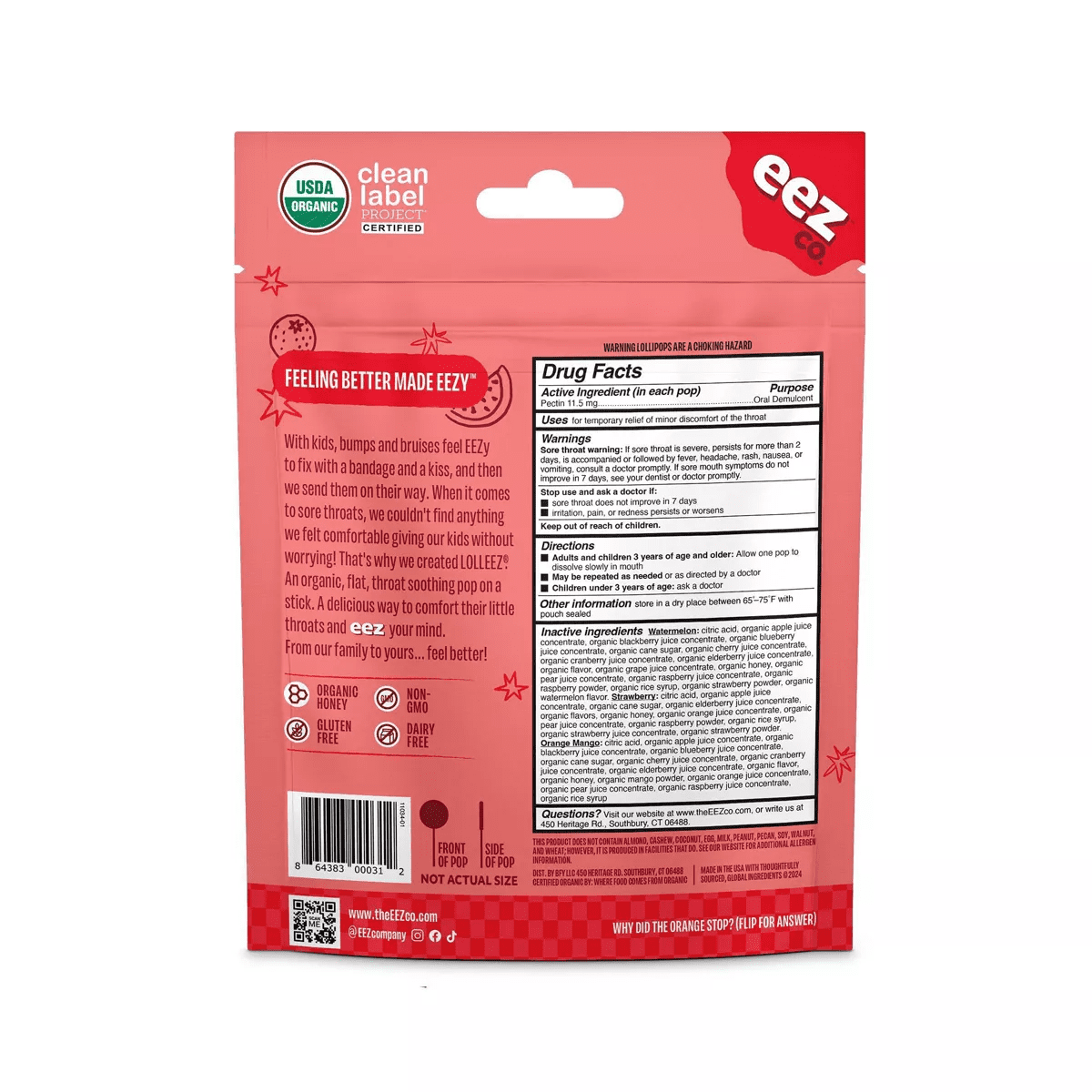 The Eez Co. Lolleez Organic Throat Soothing Pops - Watermelon, Strawberry & Orange Mango - 15Ct - Image 2