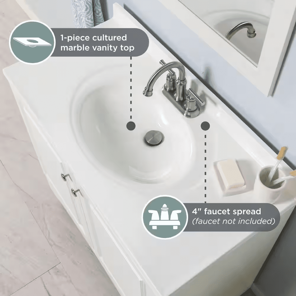 37 In. Single Sink White Bath Vanity with Cultured Marble Top (Assembled) - Image 4