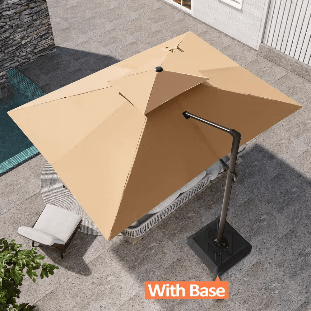 2-Tier 13 Ft. X 10 Ft. Rectangular Aluminum 360° Rotation Patio Cantilever Umbrella in Tan with 260 Lbs. Umbrella Base