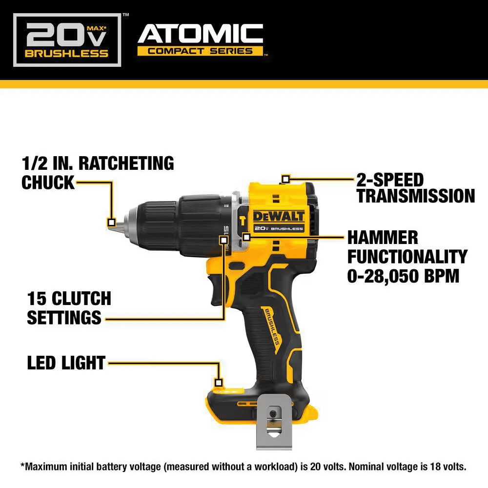 ATOMIC 20-Volt Lithium-Ion Cordless Compact 1/2 In. Drill/Driver Kit and 1/2 In. Hammer Drill with 2Ah Battery & Charger - Image 9
