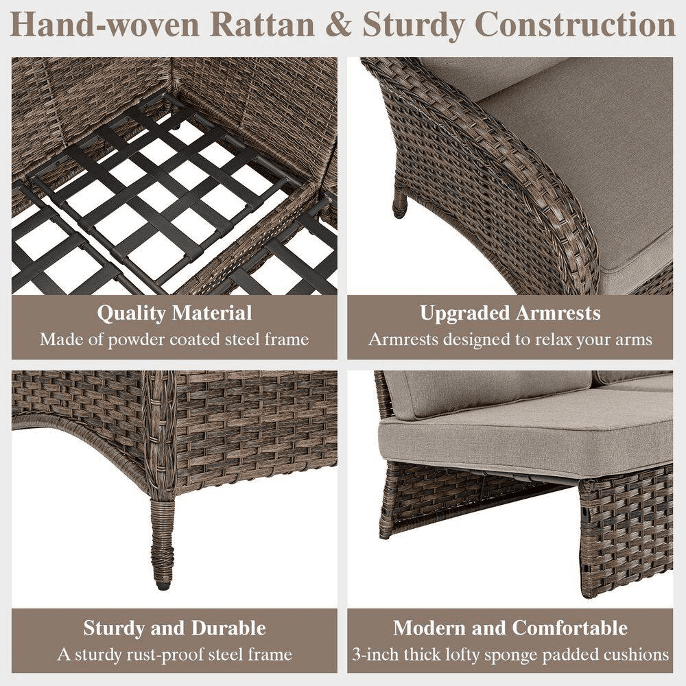 Carlos 8-Piece All-Weather Brown Wicker Patio Conversation Set with Beige Cushions and Coffee Table - Image 8