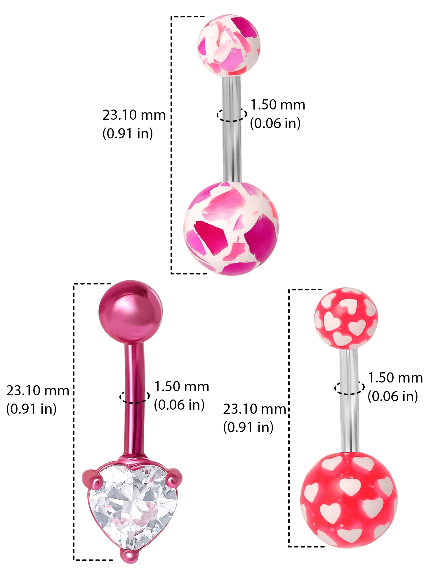 Women'S Stainless-Steel 14G Assorted Pink Belly Rings, 3 Pack - Image 5