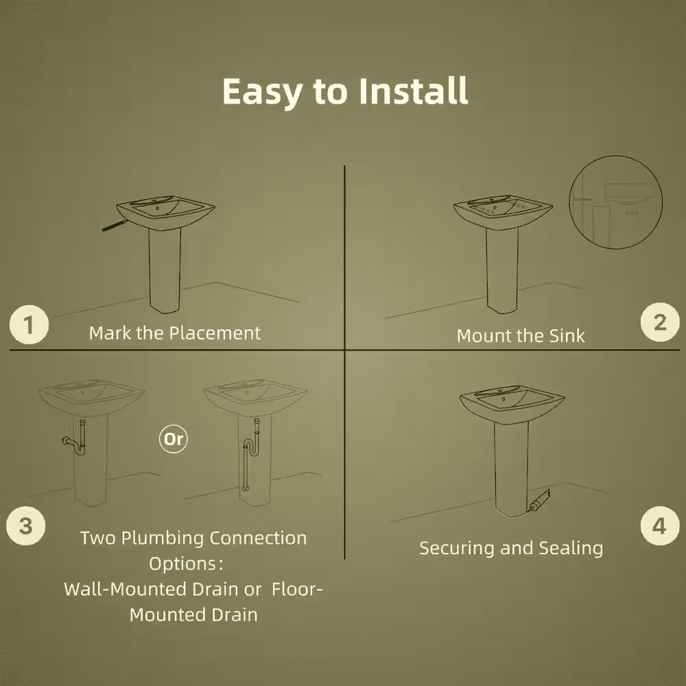 24 W X 19 D In. Pedestal Sink, White Rectangular Ceramic Freestanding Sink with Overflow and 1 Pre-Drilled Faucet Hole - Image 4