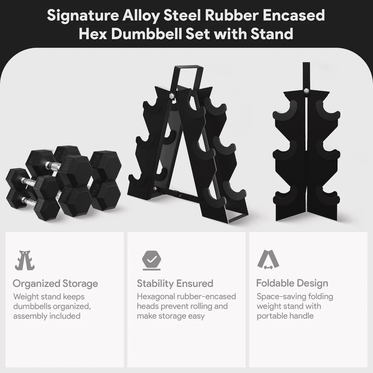 Balancefrom Fitness Signature Alloy Steel Rubber Encased Hex Textured Dumbbell Workout Set W/Rack and 3 Pairs of 5, 10, and 15 Pound Weights, Black - Image 4