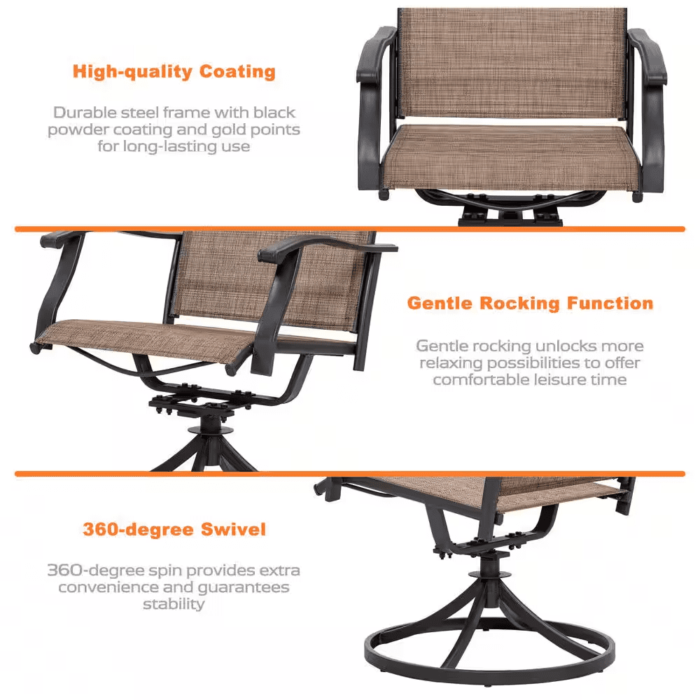 5-Piece Steel Sling Outdoor Patio Dining Set with Square Table and Swivel Dining Chairs in Brown - Image 8