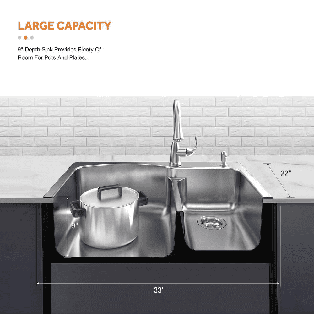 33 In. Drop-In 60/40 Double Bowl 18 Gauge Stainless Steel Kitchen Sink with Pull-Down Faucet - Image 3