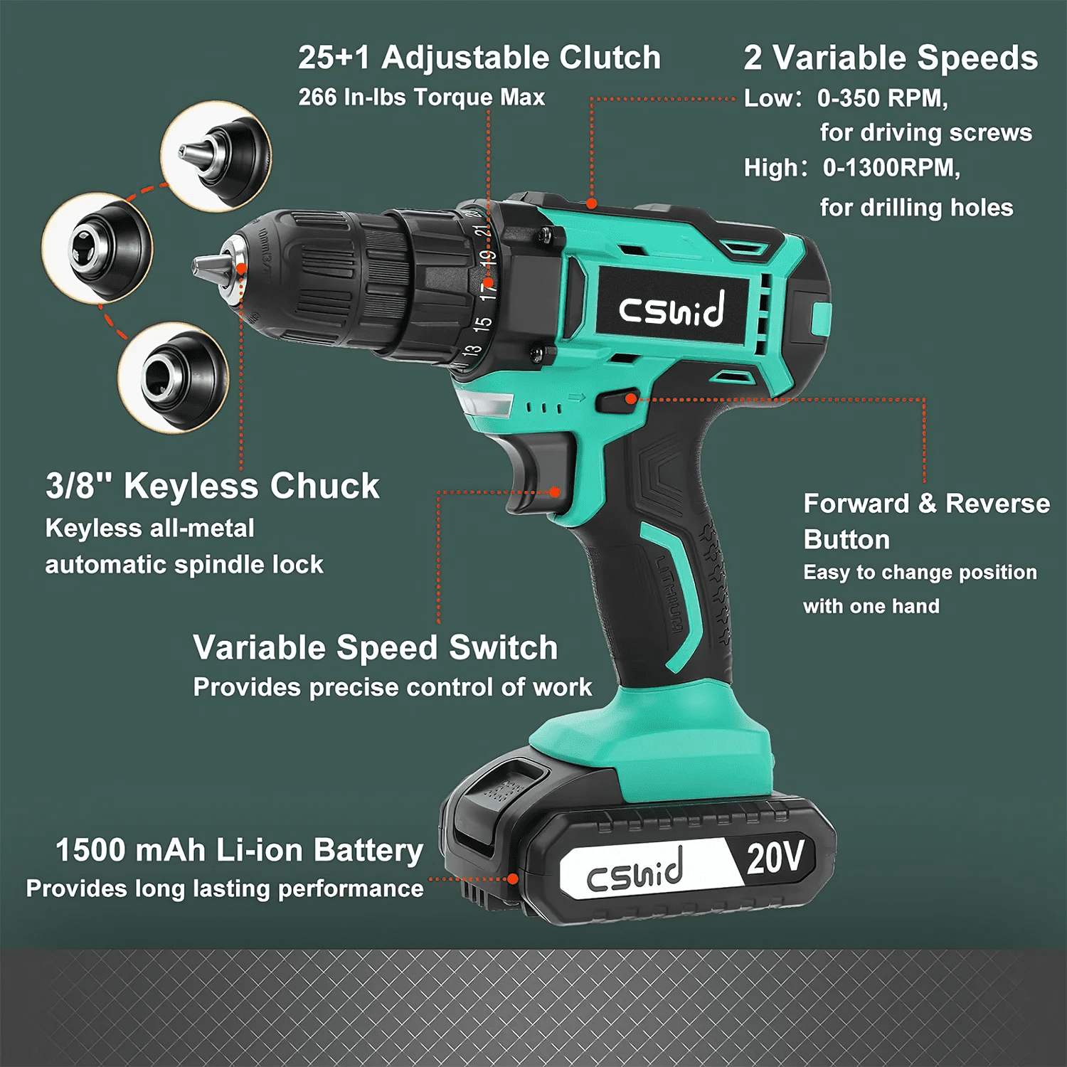 20V Cordless Drill, Electric Power Drill Set with 1 Battery & Charger, 3/8" Keyless Chuck, 2 Variable Speed & LED Light, 266 In-Lb Torque, 25+1 Position and 34Pcs Drill/Driver Bits(Green) - Image 7