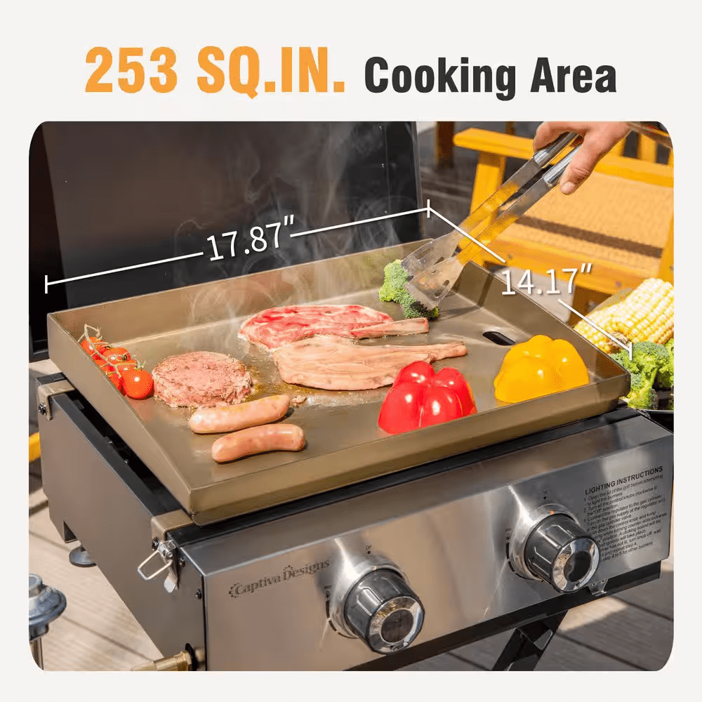 2-Burner Propane Gas Grill Flat Top Griddle with Foldable Cart 2-Type Regulator and Hose in Black - Image 7