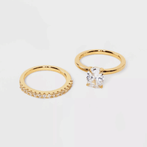 14K Gold Plated Oval Cubic Zirconia and Pave Band Wedding Ring Set 2Pc - a New Day Gold