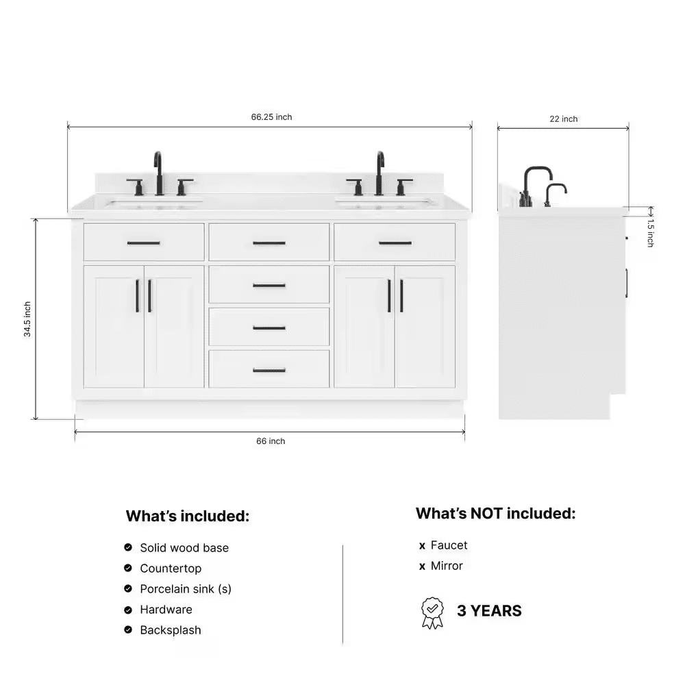 Hepburn 66 In. Double Sink Freestanding Bathroom Vanity in White with Carrara White Quartz Top - Image 4