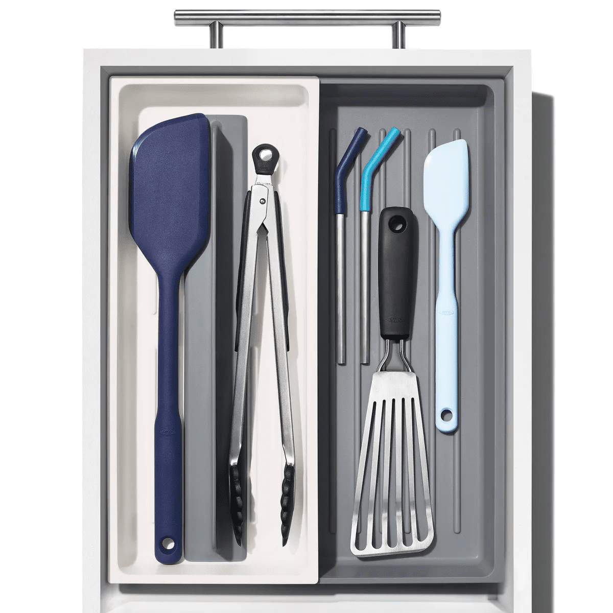 OXO Long Handled Tool Organizer: Utensil & Kitchen Drawer Storage, White/Gray, Hand Wash, TPE & Polypropylene Material - Image 6