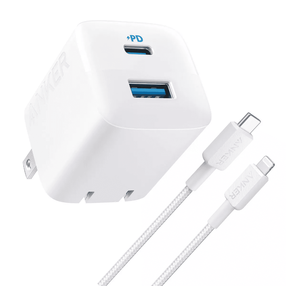 Anker 2-Port 32W Wall Charger with 6' Lightning to USB-C Cable - White: Quick Charge USBC Block