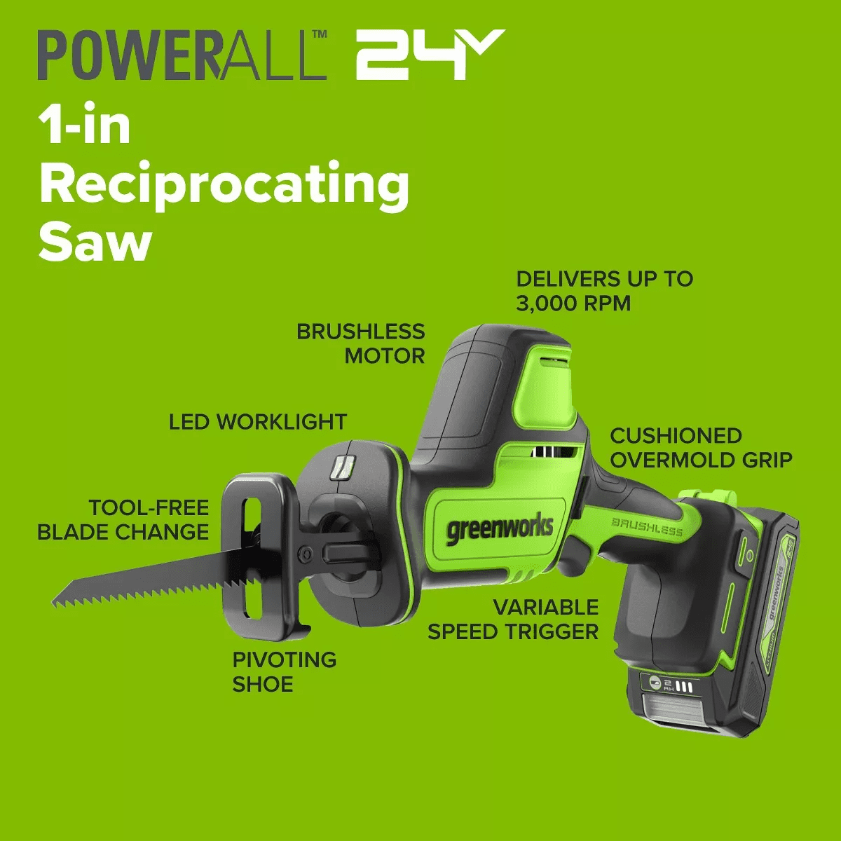 Greenworks POWERALL 24V Cordless Brushless 1In Recip Saw with 2Ah Battery and Charger - Image 6