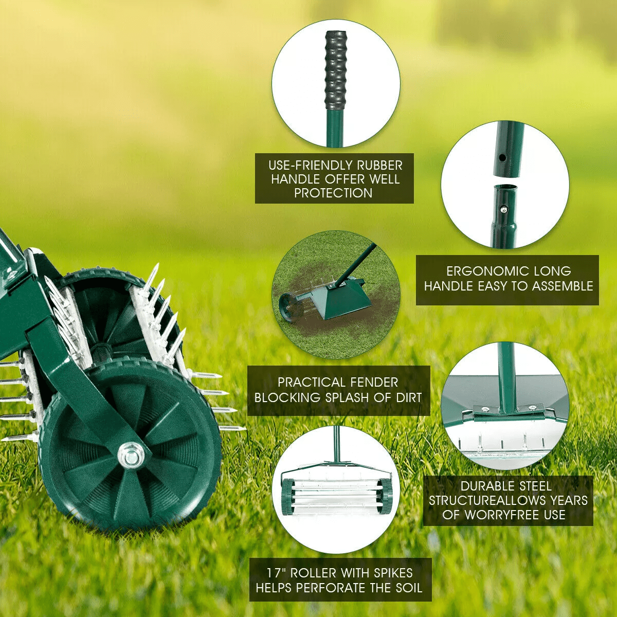 Costway 18-Inch Rolling Lawn Aerator Rotary Push Tine Spike Soil Aeration W/Fender - Image 8