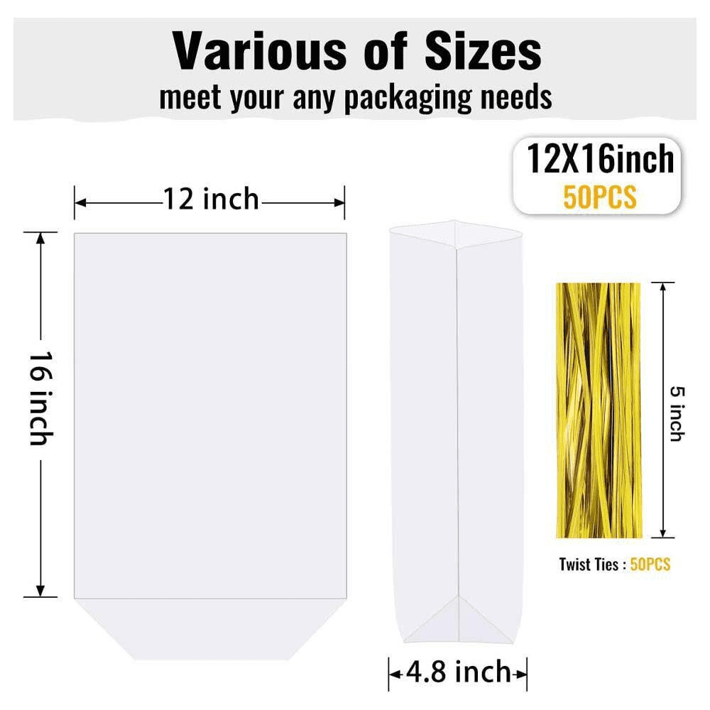 12 X 16 In. Clear Cellophane Gift Wrap Bags with Flat Bottom and Twist Ties for Party Favors and Treats 50-Pack - Image 2