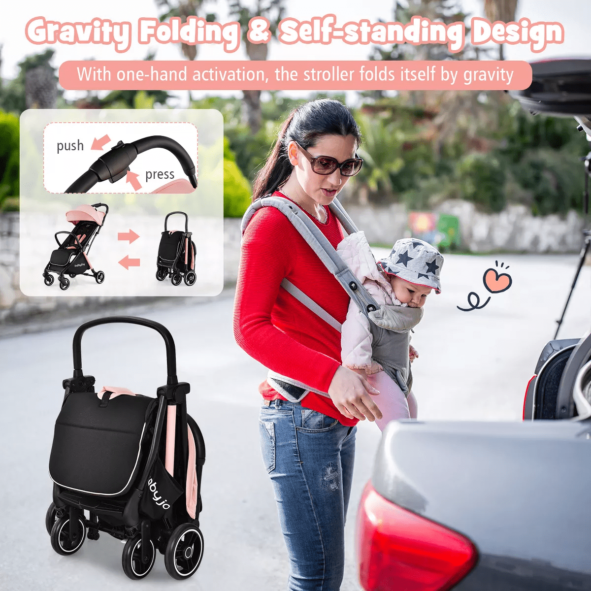 Infans Portable Baby Stroller One-Hand Fold Pushchair W/ Aluminum Frame Pink - Image 6