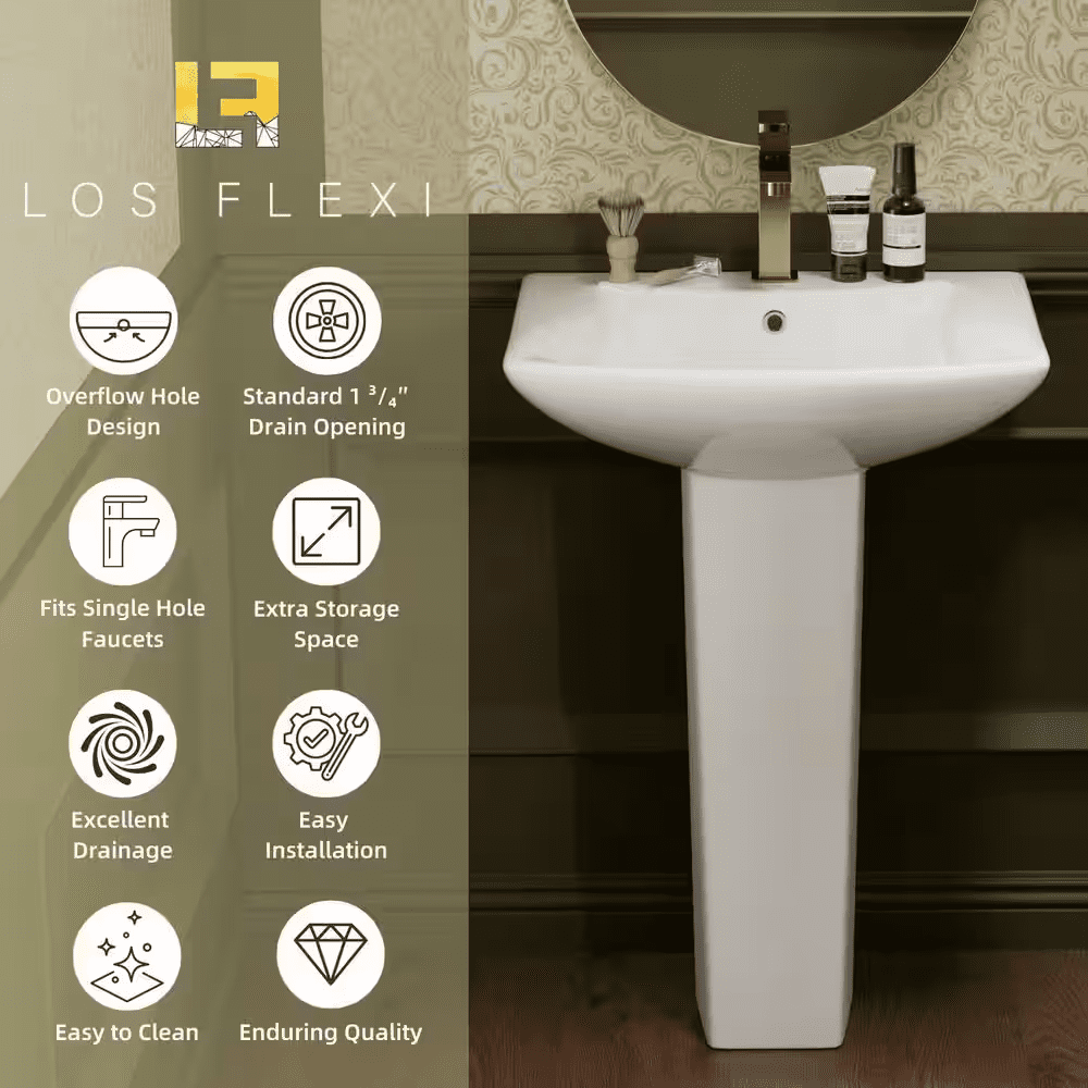 24 W X 19 D In. Pedestal Sink, White Rectangular Ceramic Freestanding Sink with Overflow and 1 Pre-Drilled Faucet Hole - Image 7