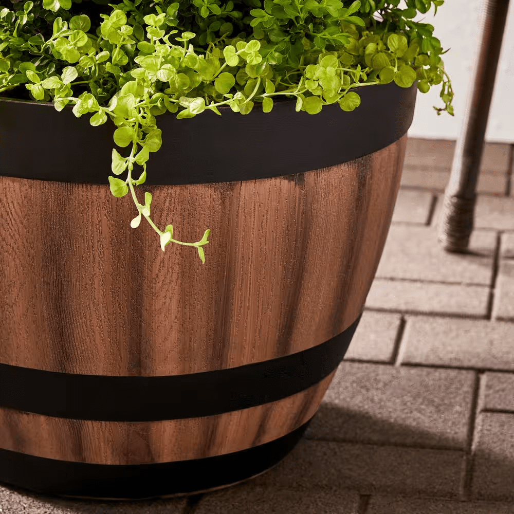 Reedley Large Kentucky Walnut Brown Resin Wine Barrel Lightweight round Planter (20 In. L X 20 In. W X 14.5 In. H) - Image 4