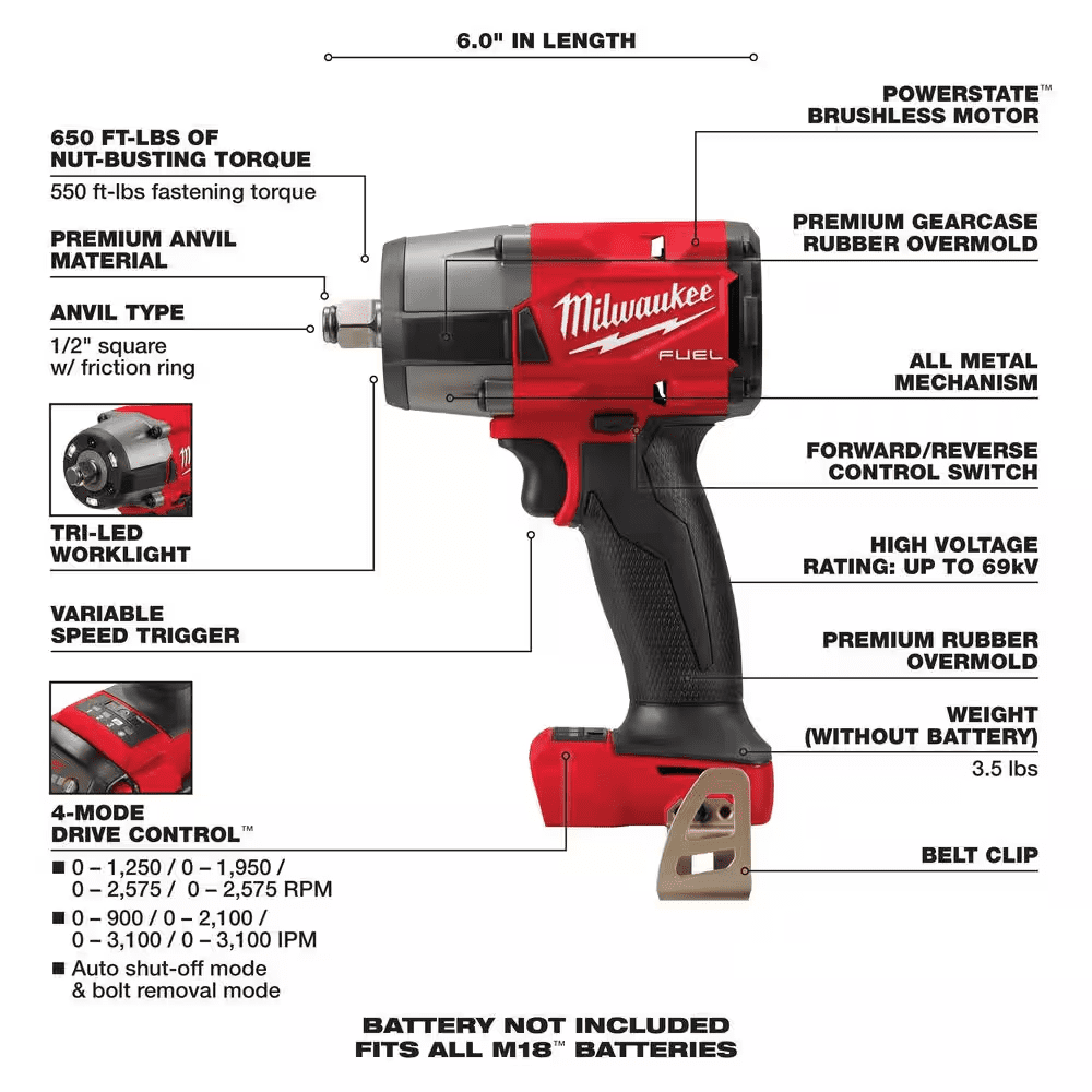 M18 FUEL Gen-2 18V Lithium-Ion Brushless Cordless Mid Torque 1/2 In. Impact Wrench with (2) 6.0Ah Batteries and Charger - Image 4