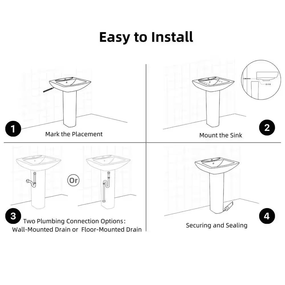 24 In. X 19 In. White Ceramic Rectangular Pedestal Bathroom Sink with Overflow and 3-Faucet Holes - Image 7