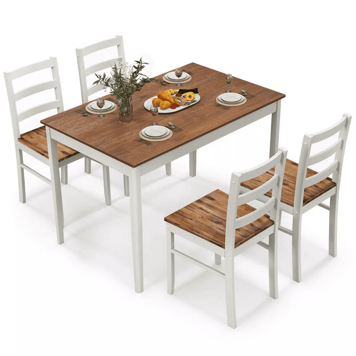 Costway 5-Piece Dining Set Solid Wood Kitchen with Rectangular Table & 4 Chairs Natural/Coffee/Grey