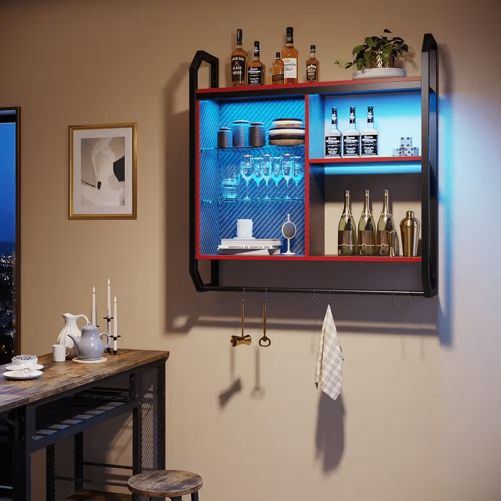 33.07 In. W X 7.8 In. D Black Carbon Fiber Composite Decorative Wall Shelf with LED Lights and Towel Rack - Image 6