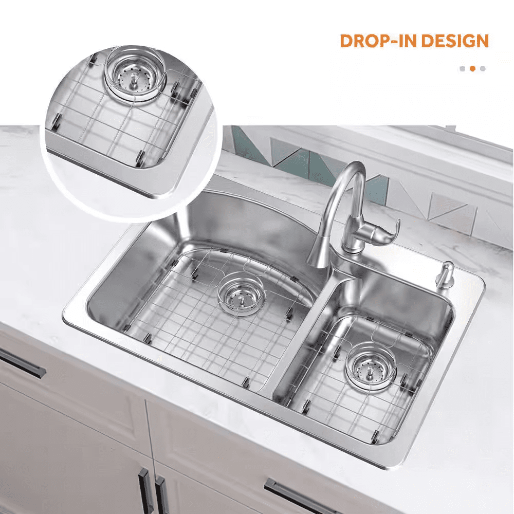33 In. Drop-In 60/40 Double Bowl 18 Gauge Stainless Steel Kitchen Sink with Pull-Down Faucet - Image 4
