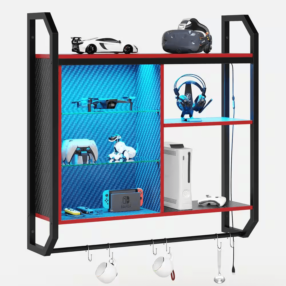 33.07 In. W X 7.8 In. D Black Carbon Fiber Composite Decorative Wall Shelf with LED Lights and Towel Rack - Image 7