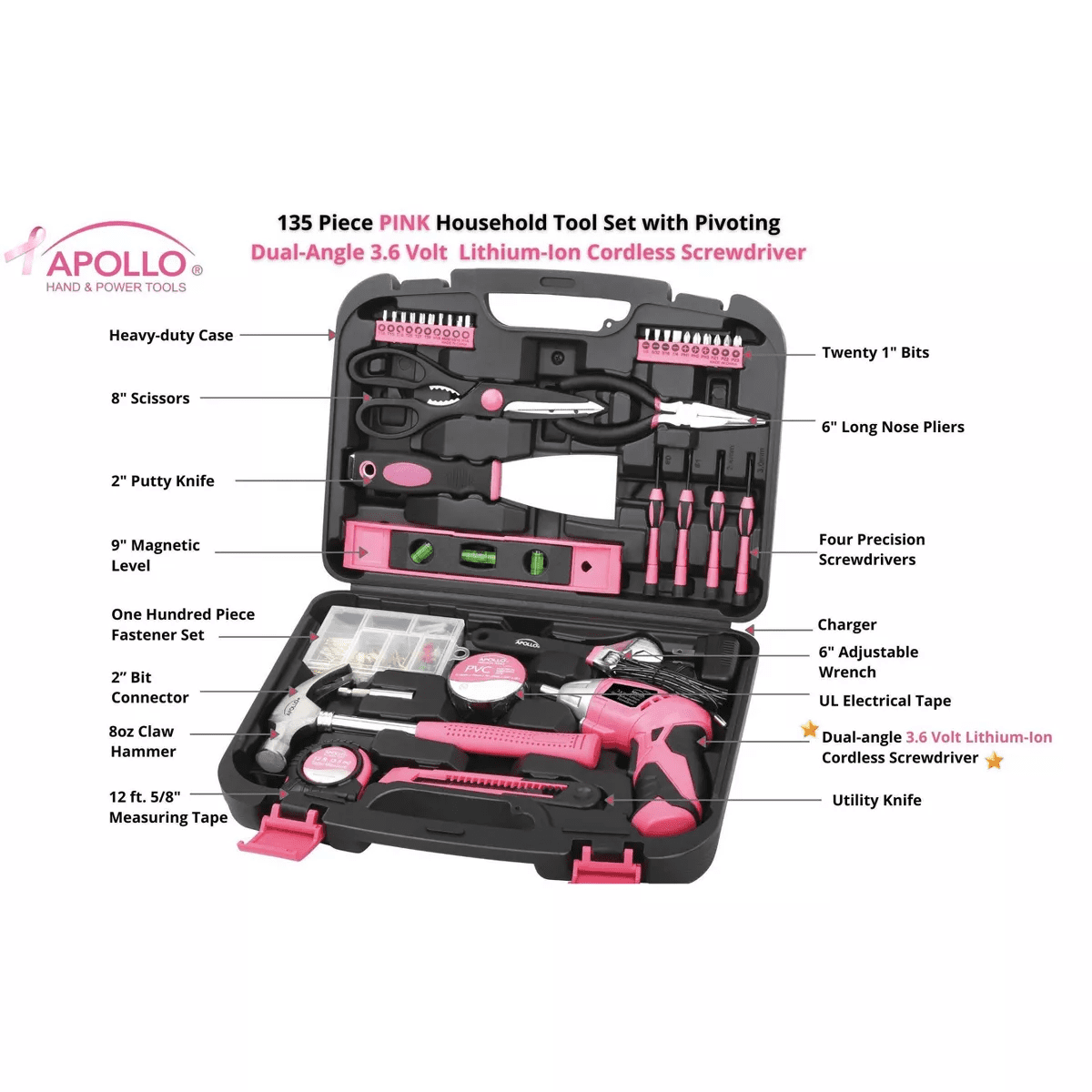Apollo Tools 135Pc Household Tool Kit DT0773N1 Pink: Women'S Tool Set with Chrome-Plated & Carrying Case - Image 6