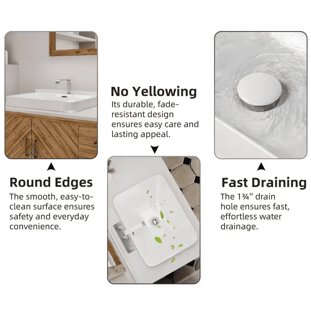 Rectangular Semi Recessed Bathroom Sink 20 In. X 14 In. White Ceramic Vessel Sink with Rear Overflow and Rounded Corners - Image 5