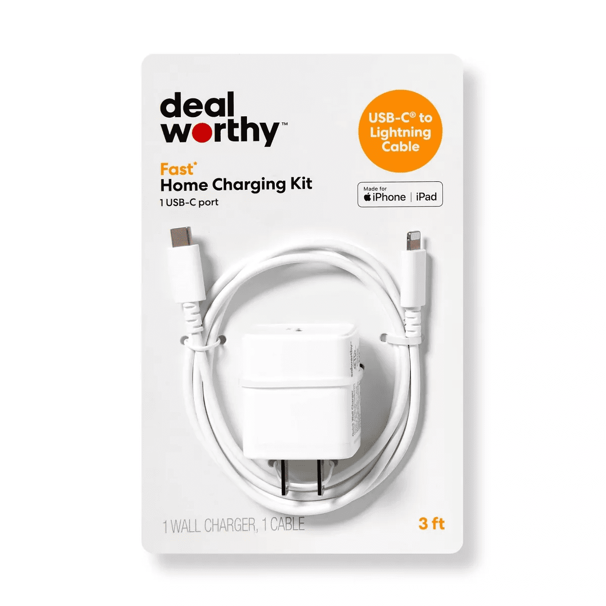 Single Port 20W USB-C Home Charger with 3' Lightning to USB-C Cable - Dealworthy™ White