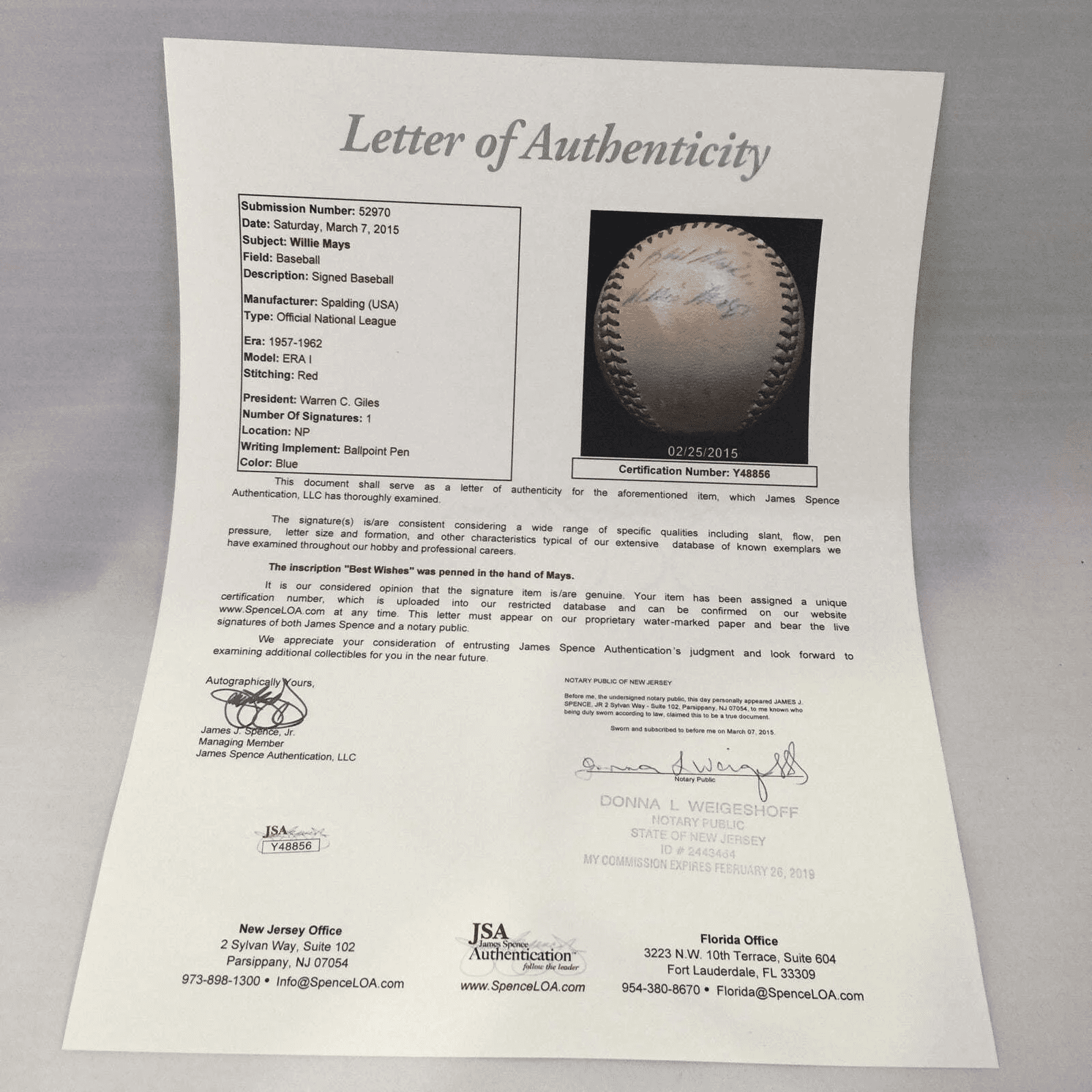 Early Career 1950'S Willie Mays Signed Game Used NL Giles Baseball JSA COA Auto - Image 6