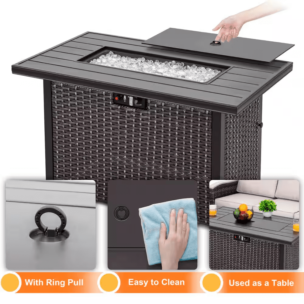Brown 43 In. 50000 BTU Rectangular Wicker Aluminum Propane Gas Outdoor Fire Pit Table with Removable Lid Fire Glass - Image 7