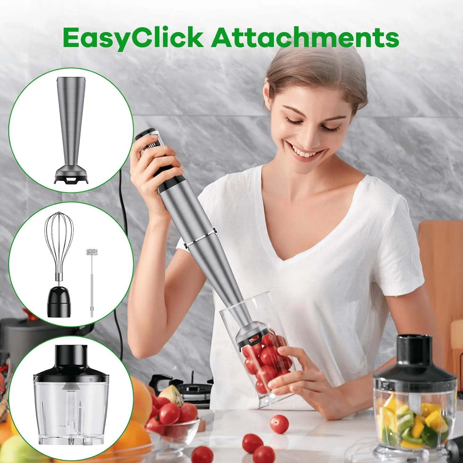 Immersion Blender Handheld Corded Hand Blenders Set 1100W,Trigger Variable Speed 5 in 1 Stick Emulsifier with Chopper,Whisk and Frother for Kitchen - Image 3
