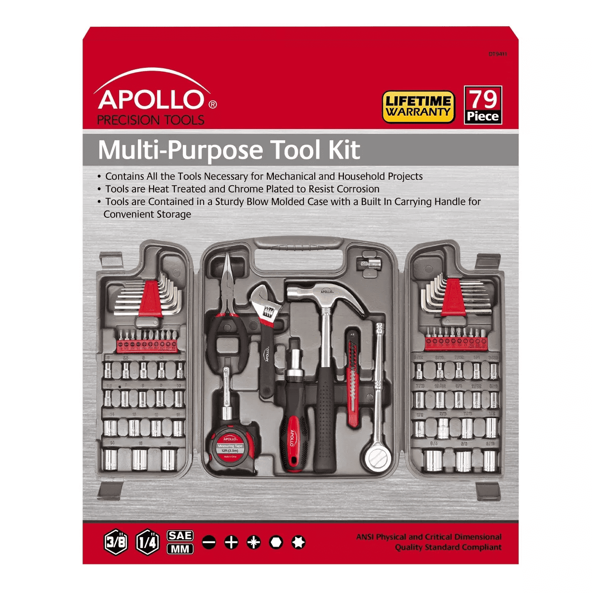 Apollo Tools 79Pc Multi Purpose Tool Kit DT9411 Red: Household & Car Tool Set, Chromed Steel, Lifetime Warranty - Image 2