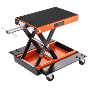 Motorcycle Jack Lift 1100 LBS. ATV Scissor Lift with Dolly, Center Hoist Hand Crank, Deck, Tool Tray for Bike Motorcycle