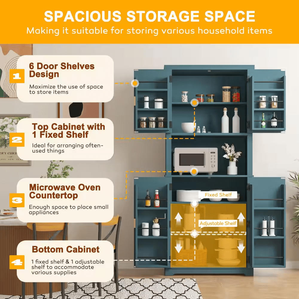 30.7 In. W Blue MDF Kitchen Buffet Pantry Storage Cabinet with Adjustable Shelf and Microwave Stand - Image 2