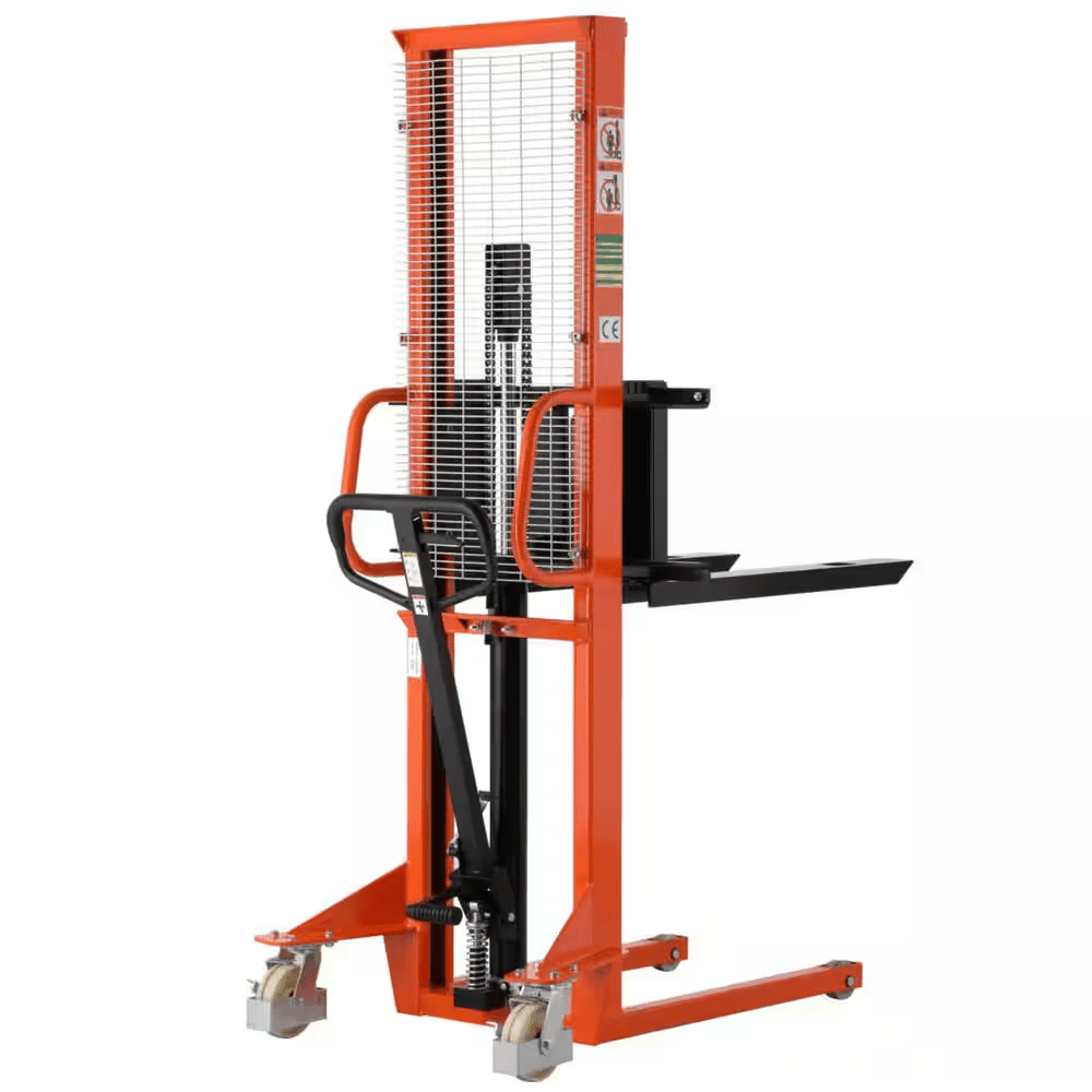 1,100 Lbs. Hand Pallet Stacker Manual Walkie Stacker with Fixed Legs 63 In. Lift High Adjustable Forks Orange