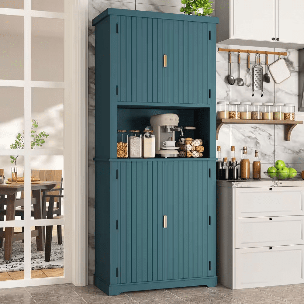 30.7 In. W Blue MDF Kitchen Buffet Pantry Storage Cabinet with Adjustable Shelf and Microwave Stand