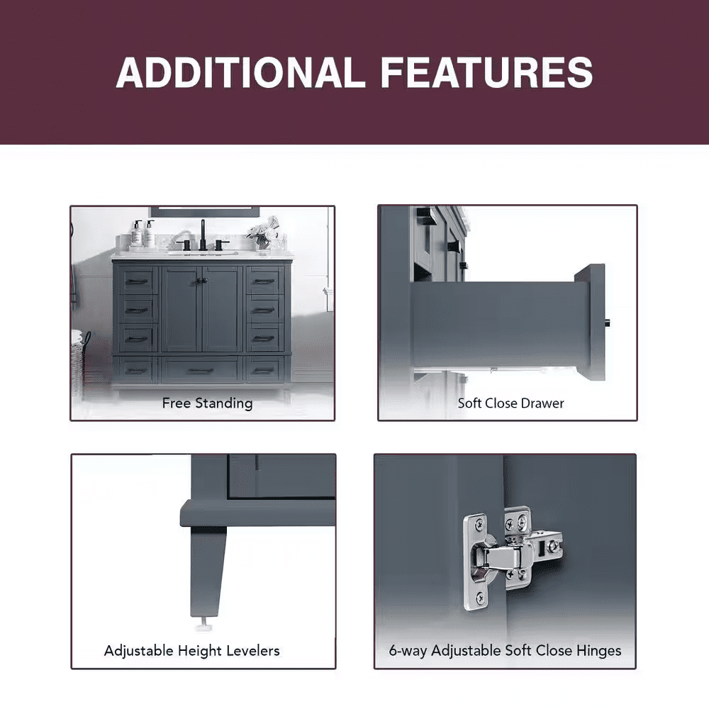 Merryfield 43 In. Single Sink Dark Blue-Grey Bath Vanity with White Carrara Marble Top (Assembled) - Image 8