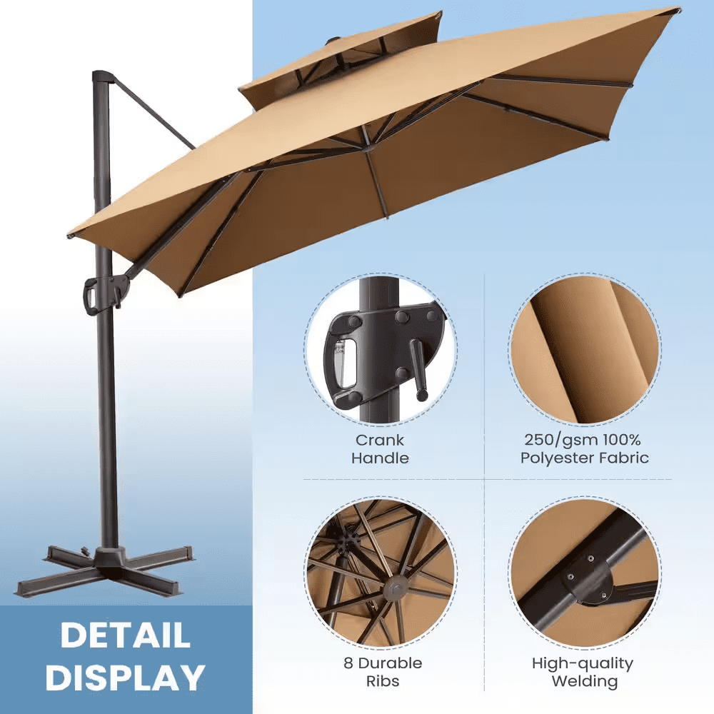 11 Ft. X 11 Ft. Double Top Cantilever Tilt Patio Umbrella in Tan Brown with 260 Lbs. Base Stand - Image 4