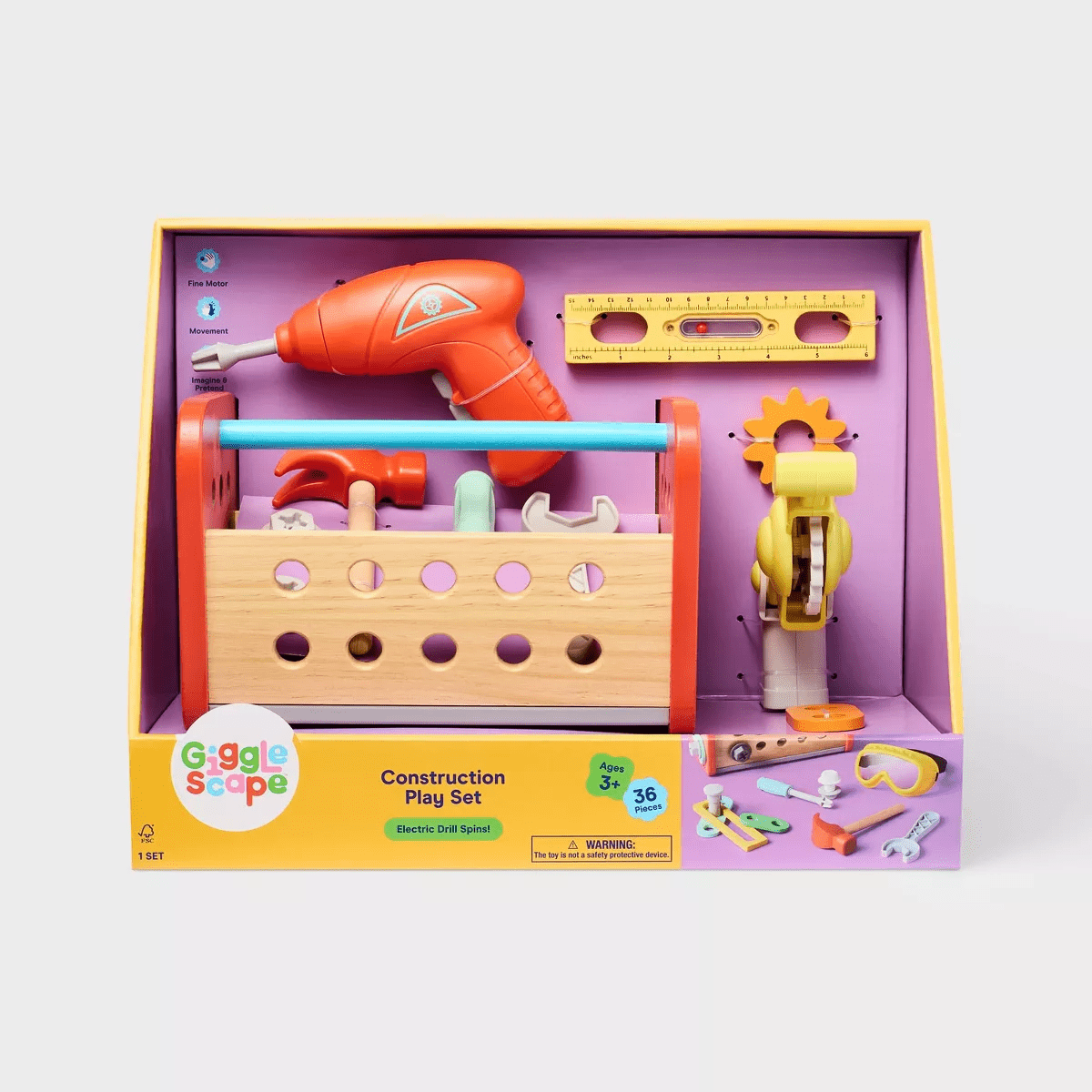 Construction Play Set - Gigglescape™: Toy Tools, Plastic & Wood, 35 Pieces, Ages 3+, Pretend Workbench Accessories - Image 4
