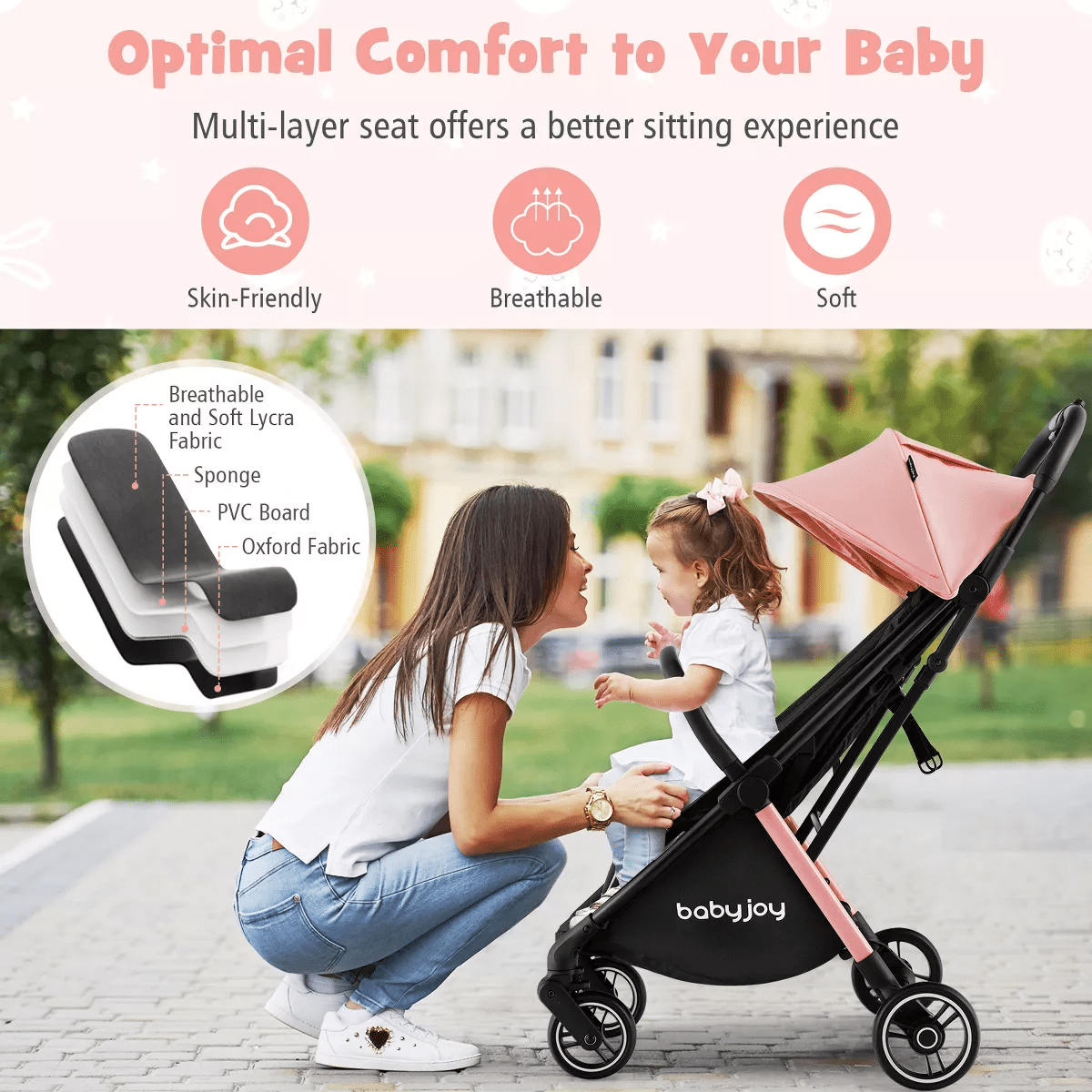 Infans Portable Baby Stroller One-Hand Fold Pushchair W/ Aluminum Frame Pink - Image 5