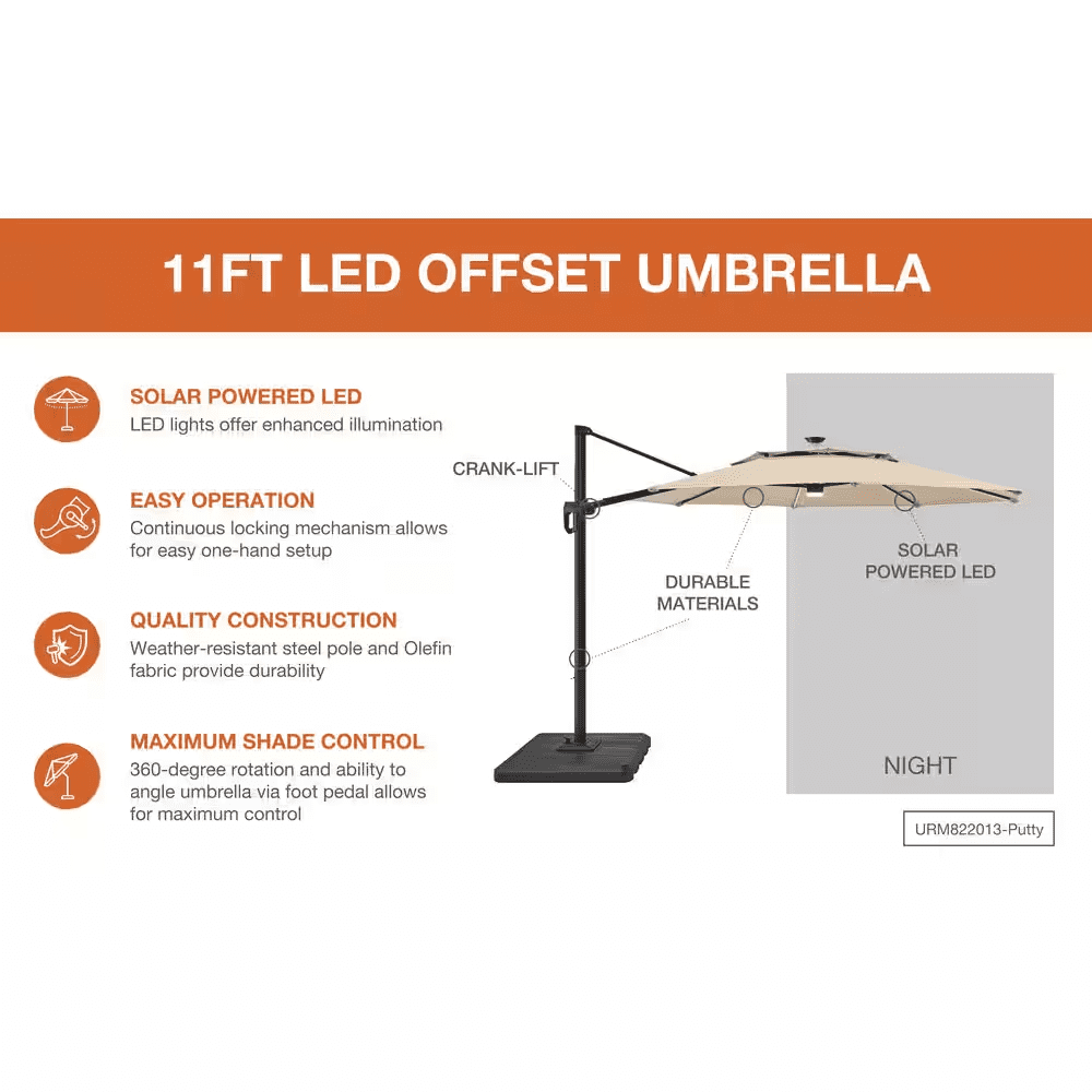 11 Ft. Aluminum Cantilever Solar LED Offset Patio Umbrella in Putty Beige - Image 8