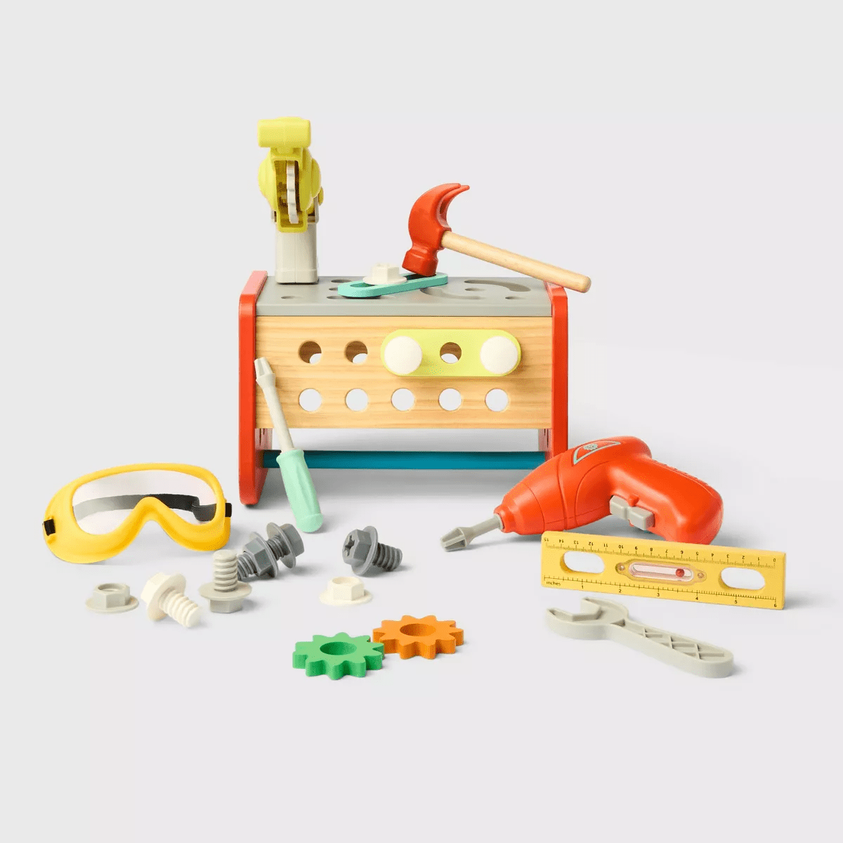 Construction Play Set - Gigglescape™: Toy Tools, Plastic & Wood, 35 Pieces, Ages 3+, Pretend Workbench Accessories