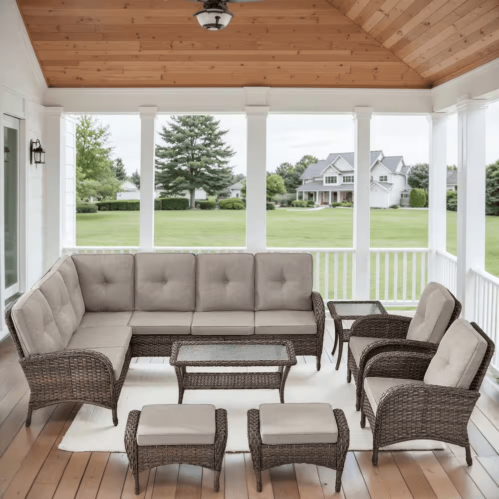 Carlos 8-Piece All-Weather Brown Wicker Patio Conversation Set with Beige Cushions and Coffee Table