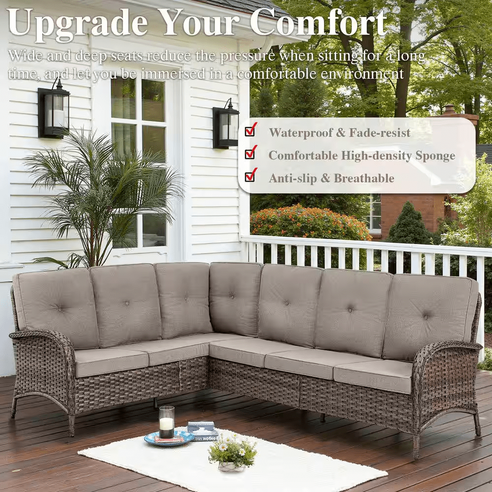 Carlos 8-Piece All-Weather Brown Wicker Patio Conversation Set with Beige Cushions and Coffee Table - Image 9