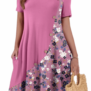 Women'S Summer Short Sleeve Casual Dress Patchwork Design Dress with Pockets