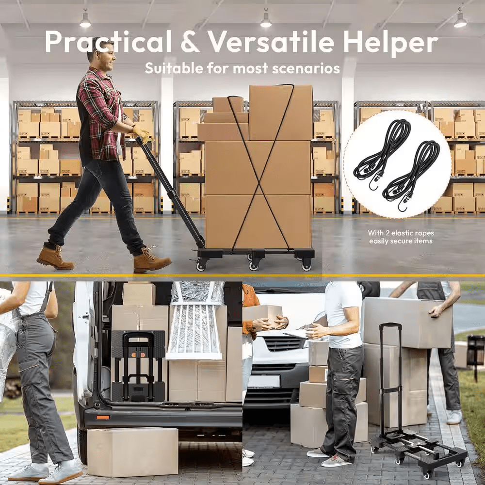 Heavy-Duty 6-Wheel Folding Hand Truck, 500 Lbs. Capacity Dolly Cart with Elastic Ropes for Moving, Travel and Storage - Image 5