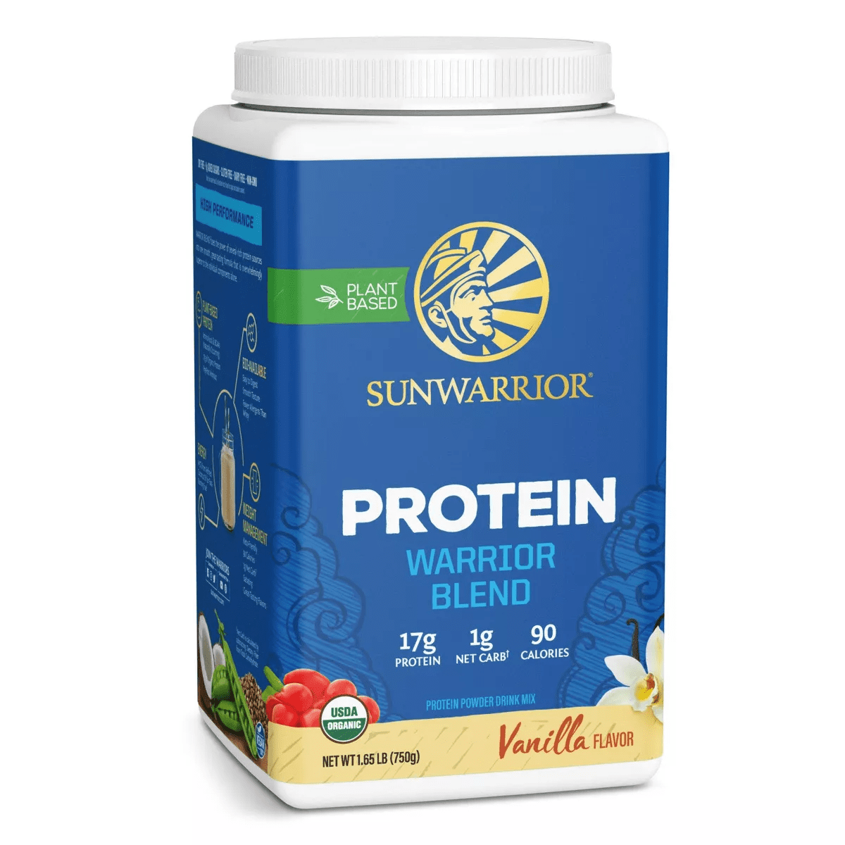 Vanilla Warrior Blend Protein, Vegan Plant-Based Organic Protein Powder with Bcaas and Pea Protein, Sugar Free & Keto Friendly, Sunwarrior, 30 Svgs